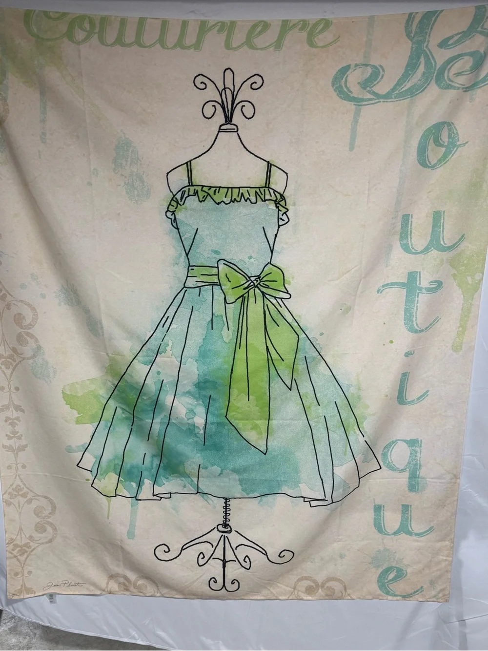 Dress Shop Boutique Tapestry by Jean Plout Vintage Style Aqua, Green, Cream